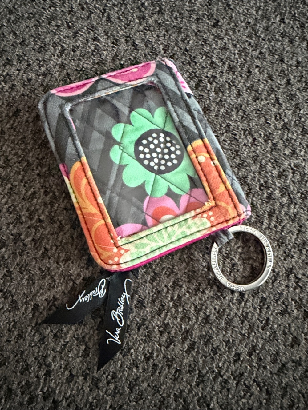 Vera Bradley Quilted Floral ID Case with Key Ring in Pink, Orange, Green grey